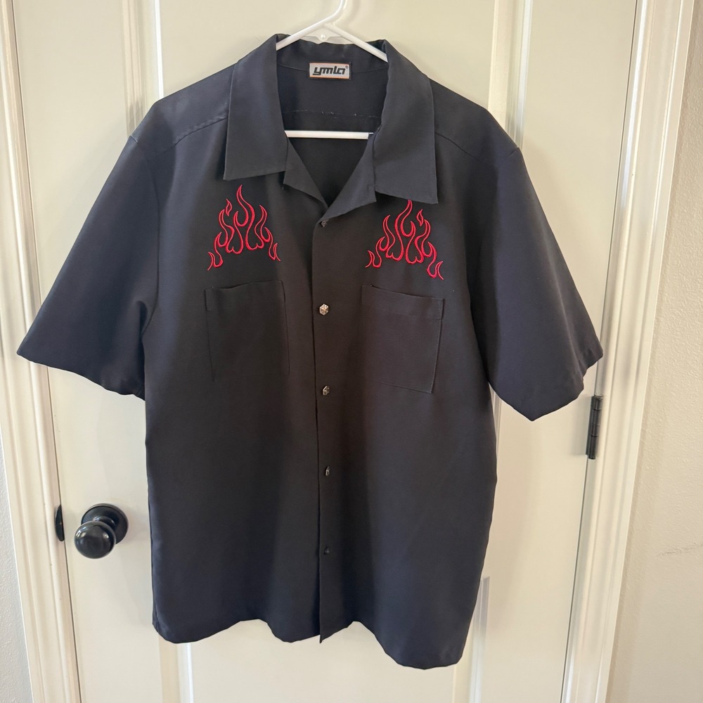 YMLA Mens Black Button Down Shirt Red Flame Embroidery Dice Buttons Rockabilly